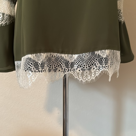 NY COLLECTION Lace Trim Blouse Olive Green Medium - Picture 7 of 14